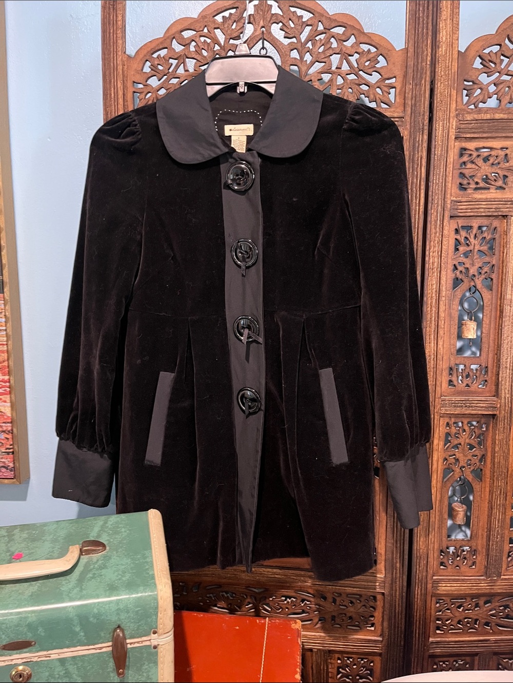 elevenses Black Velvet Peter Pan Collar Pea Coat